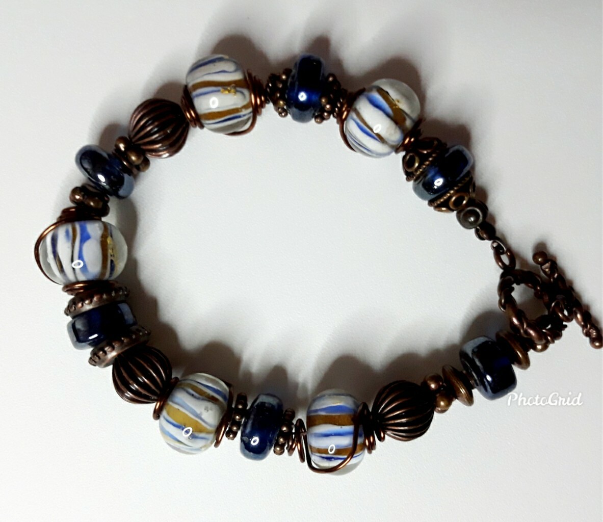 8" Bracelet Womens Blue White Zinc and handblown wire-wrapped glass beads