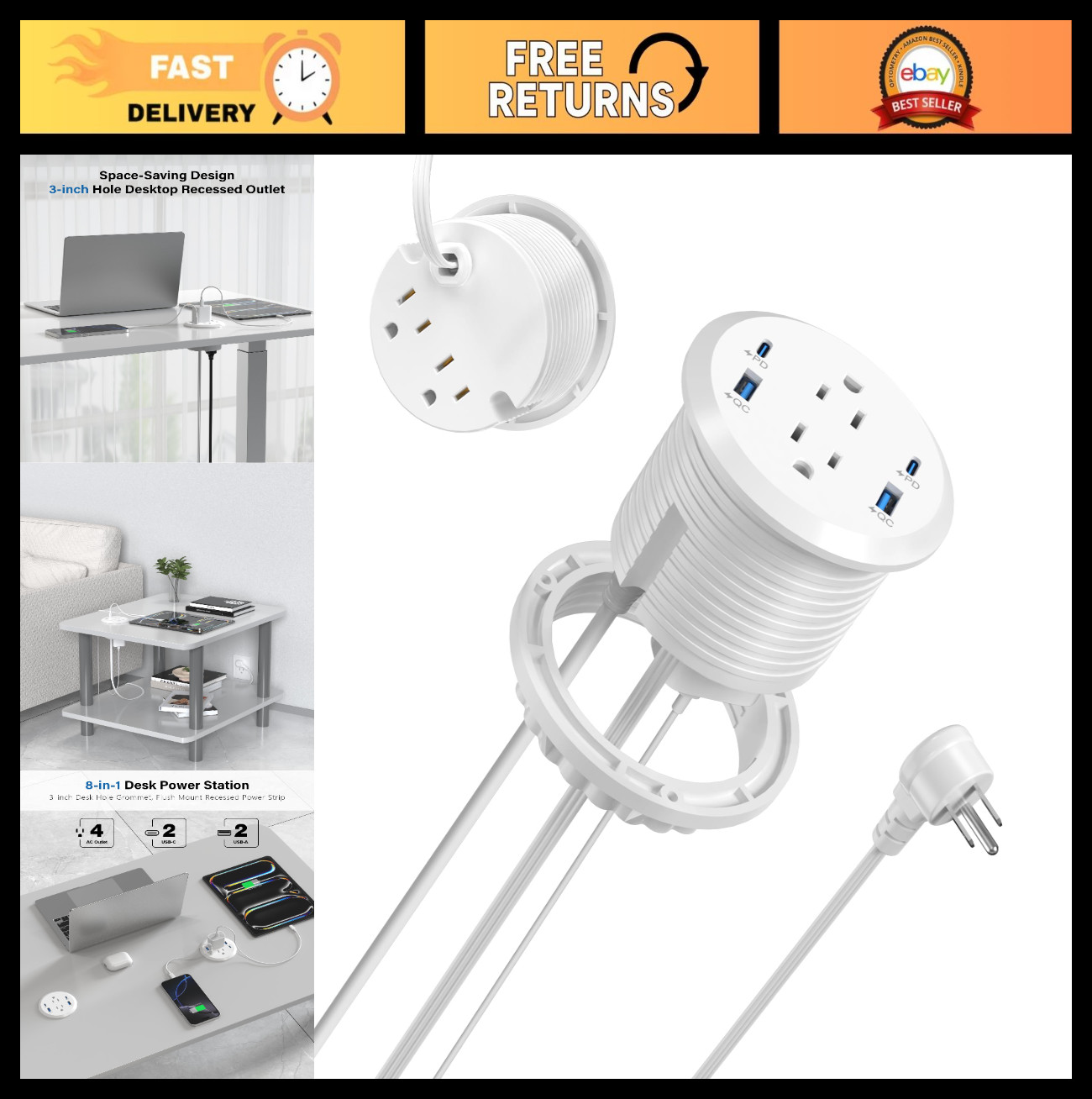 Recessed Power Grommet with USB-C Fast Charging, 4 Outlets & 4 Ports, 6FT Cord