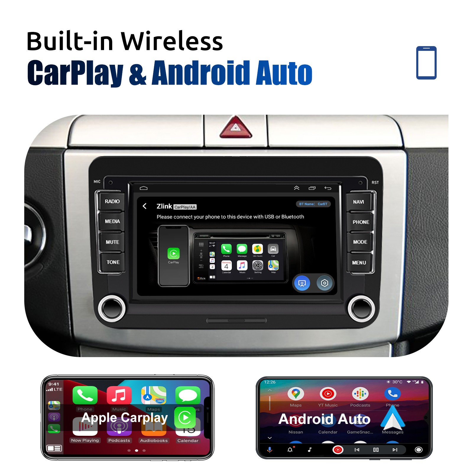 For VW Golf MK5 RCD330 B6 7" CarPlay Android Car Stereo Radio With Backup Camera