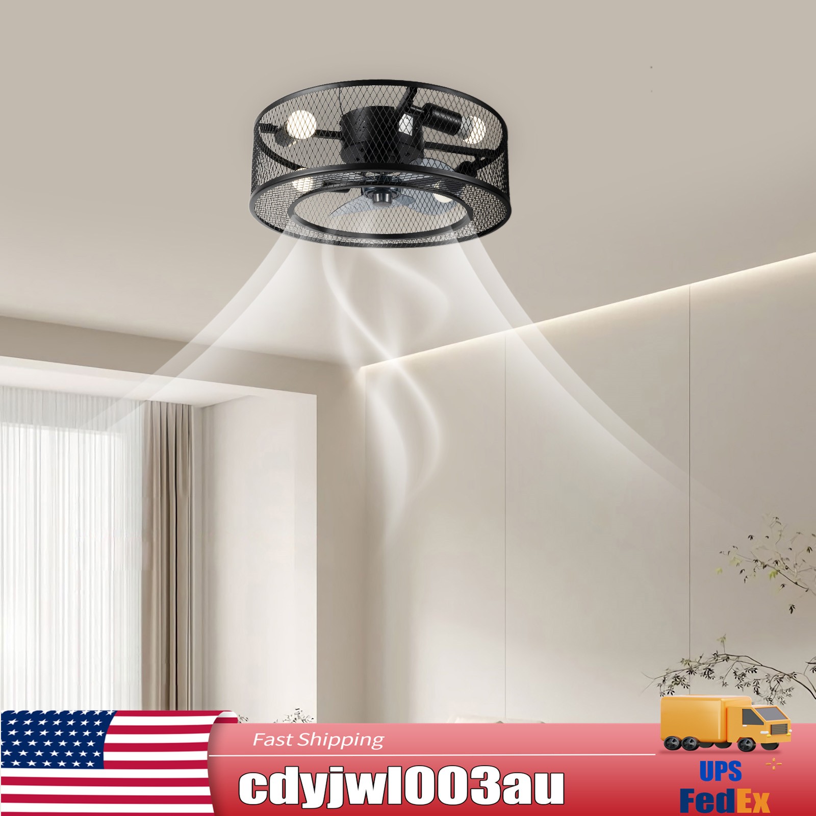 Modern LED Ceiling Fan Light Semi Flush Mount Caged Fan Lamp with Remote Control