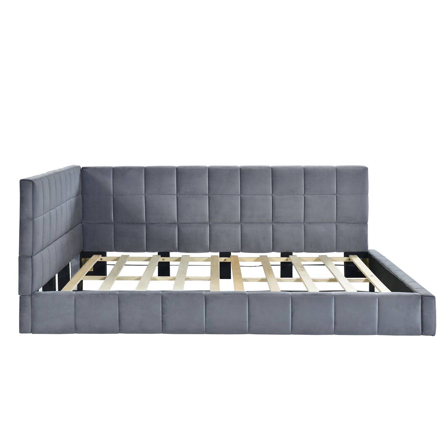 Full Size Daybed Velvet Upholstered Bed Frame Sofa Bed Wood Slat Support Gray US