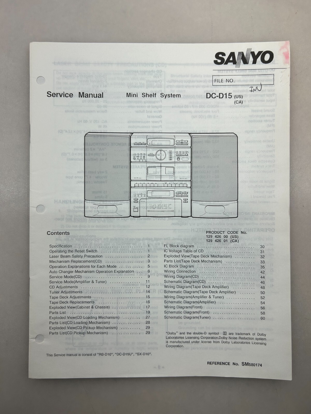 Sanyo DC-D15 Original Service Manual Free Shipping