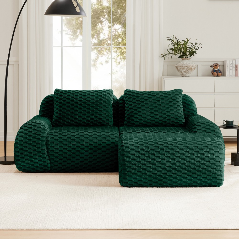 82" Modern L-Shaped Modular Sectional Sofa w/ Ottoman, Flannelette, Green