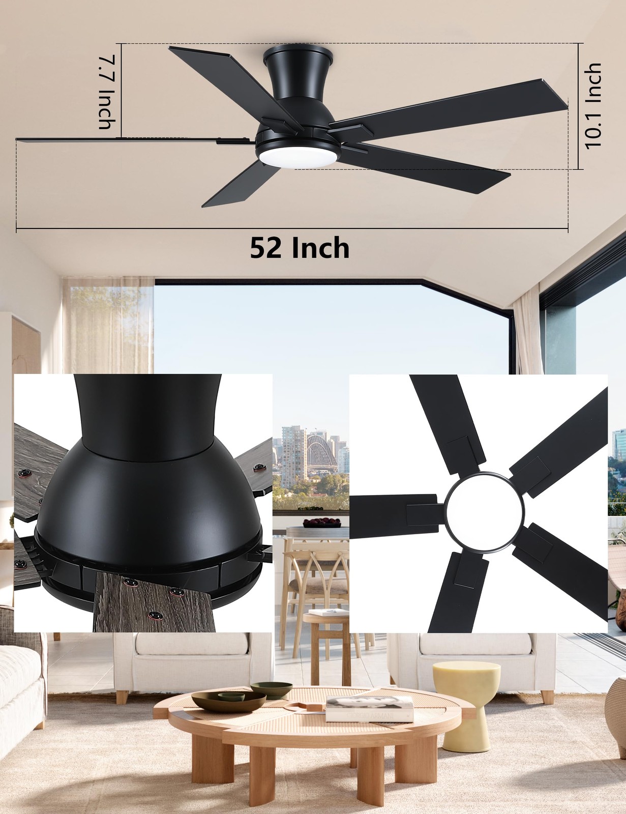 52 Inch Black Flush Mount Ceiling Fan with Light, 52 inch-flush mount,