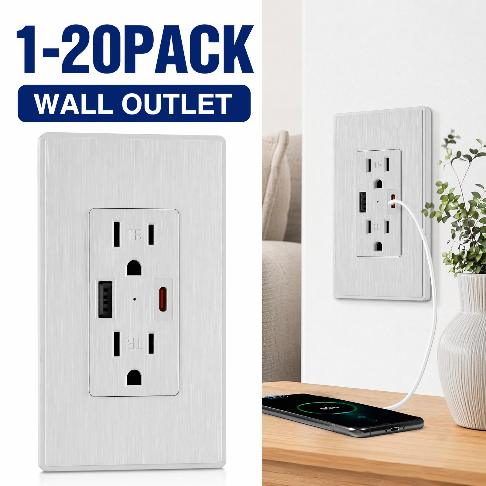 1-20Pack USB Type C Wall Outlet Duplex Receptacle 15A,Smart 2.1A Quick Charging