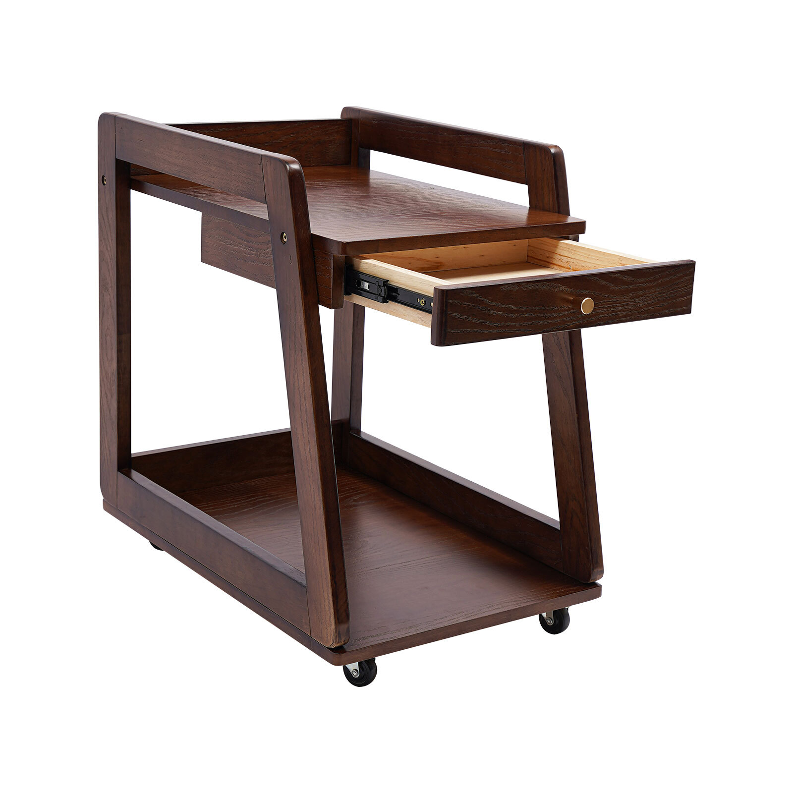 Walnut Retro Wood End Table, 2-tier Side Table, Storage Couch Table with Wheels
