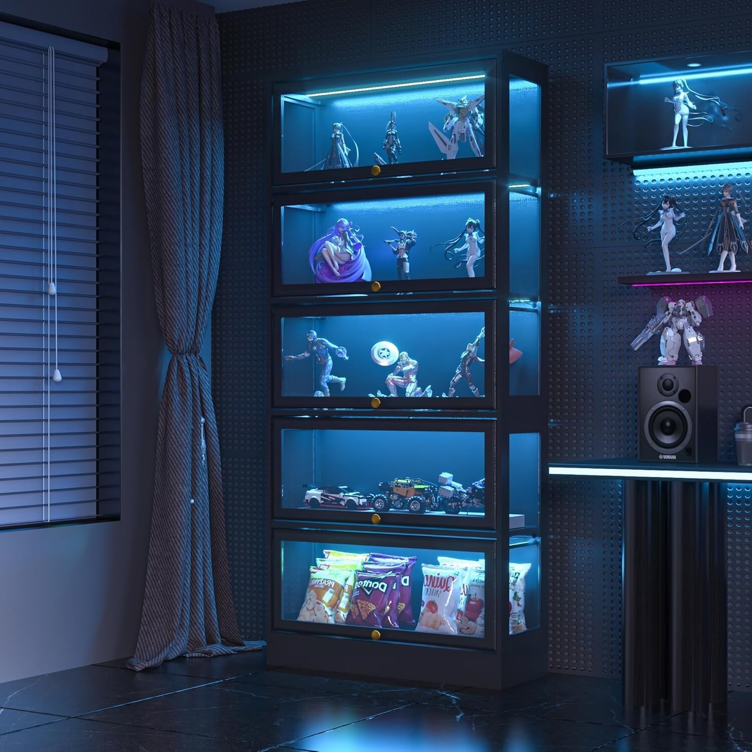 Minifigures Display Case 5 Tier Black LED Light Figure Diecast Car Shelf Cabinet
