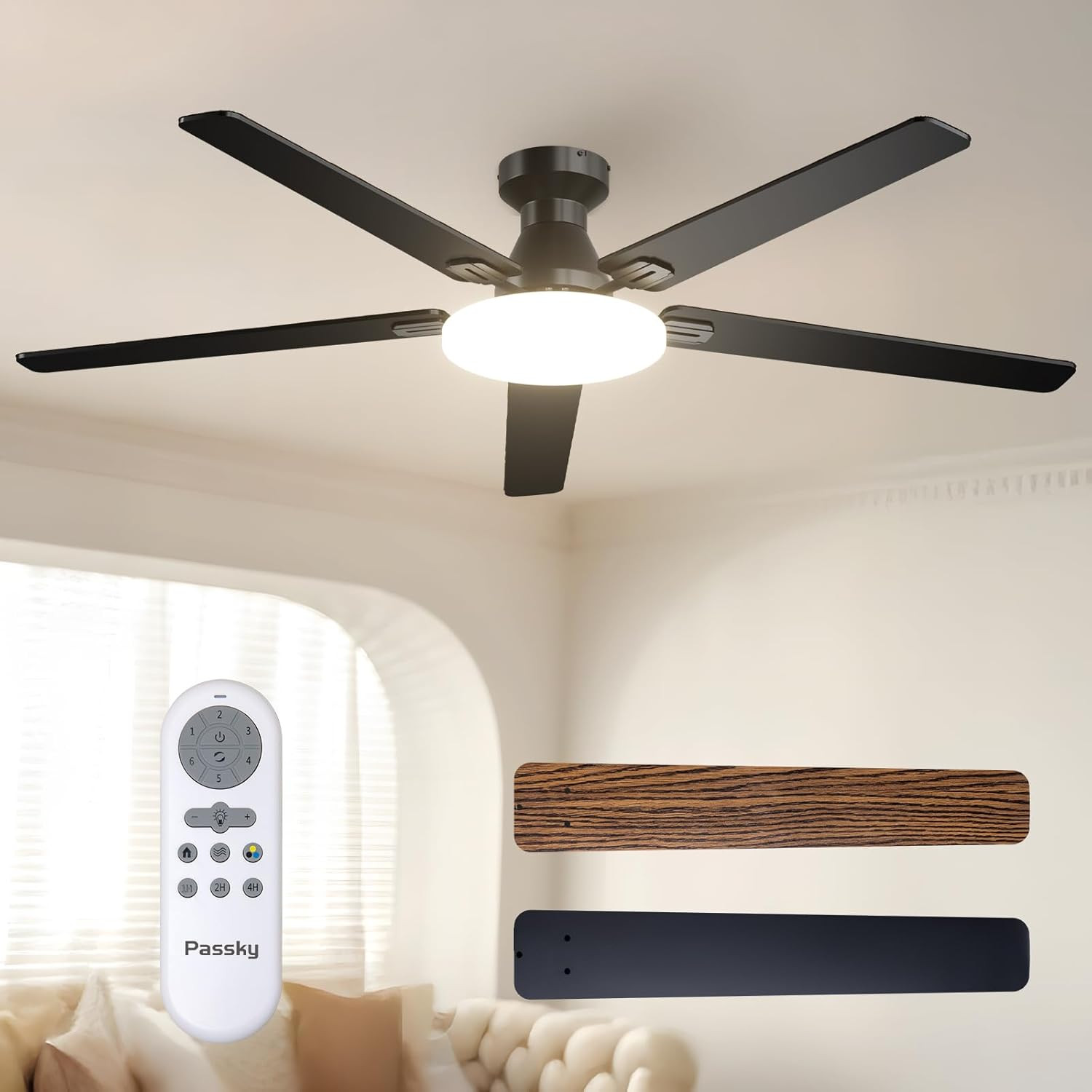 60" Flush Mount Ceiling Fan with Lights & Remote, Dimmable, Noiseless, Black