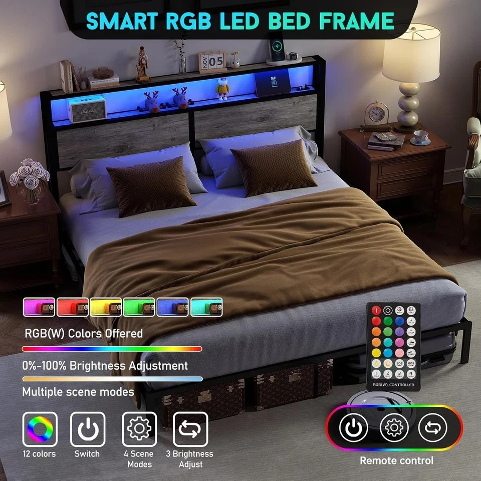 Full Queen King Bed Frame with Storage Headboard ,Charging Station & LED Lights