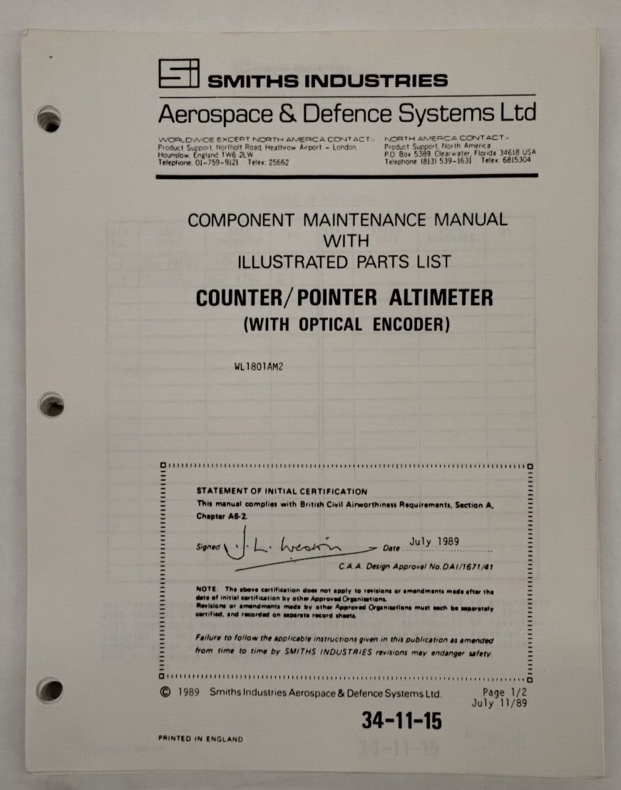 Smiths Industries Counter/Pointer Altimter WL 1801AM2 Maintenance/Parts-Original