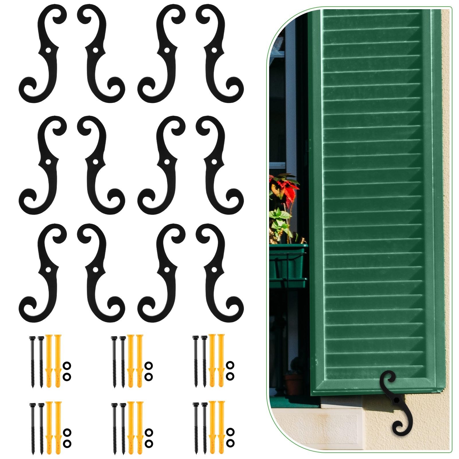 12 Pack Black S Style Shutter Dogs 6.5" with Mounting Hardware for Exterior Use