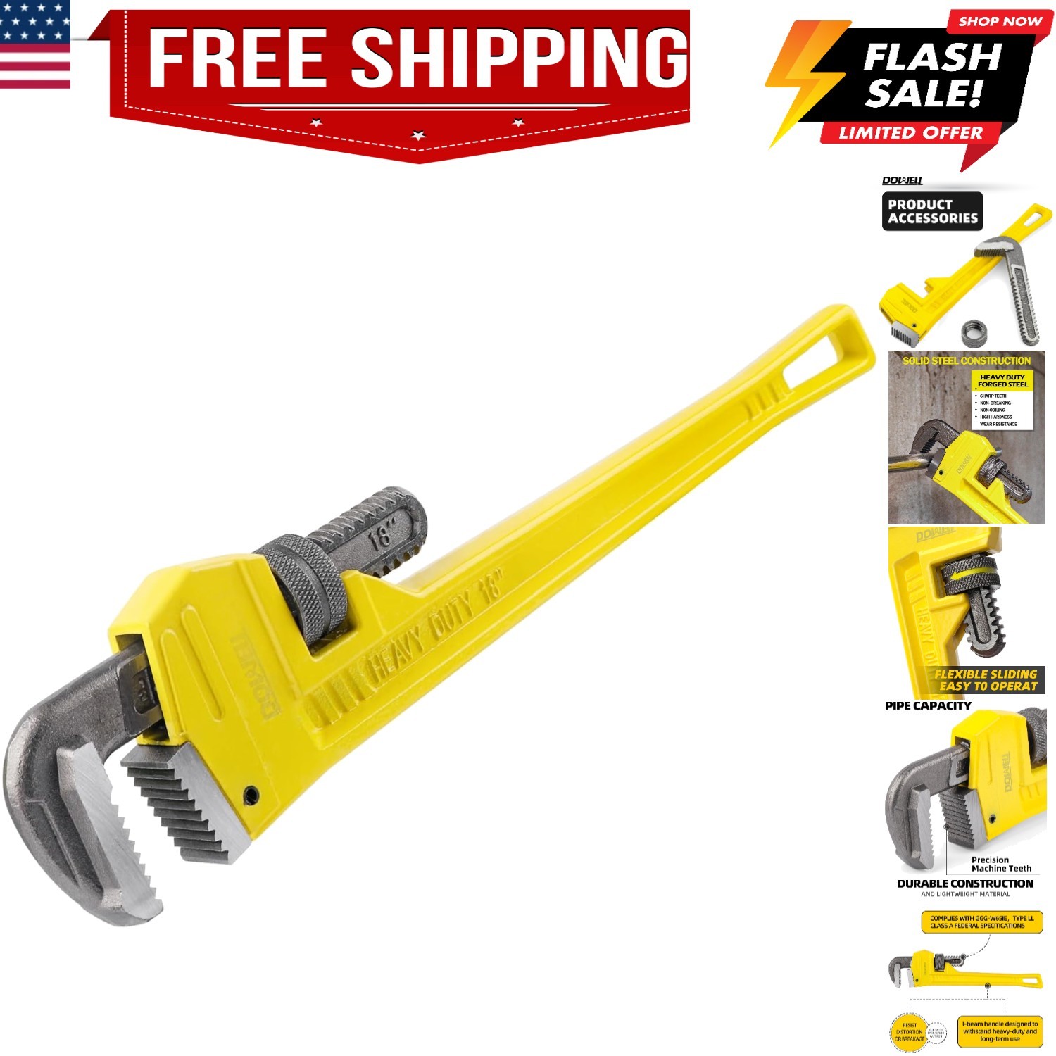 18' Pipe Wrench - Reliable & Durable Cast Steel for Long-Lasting Use