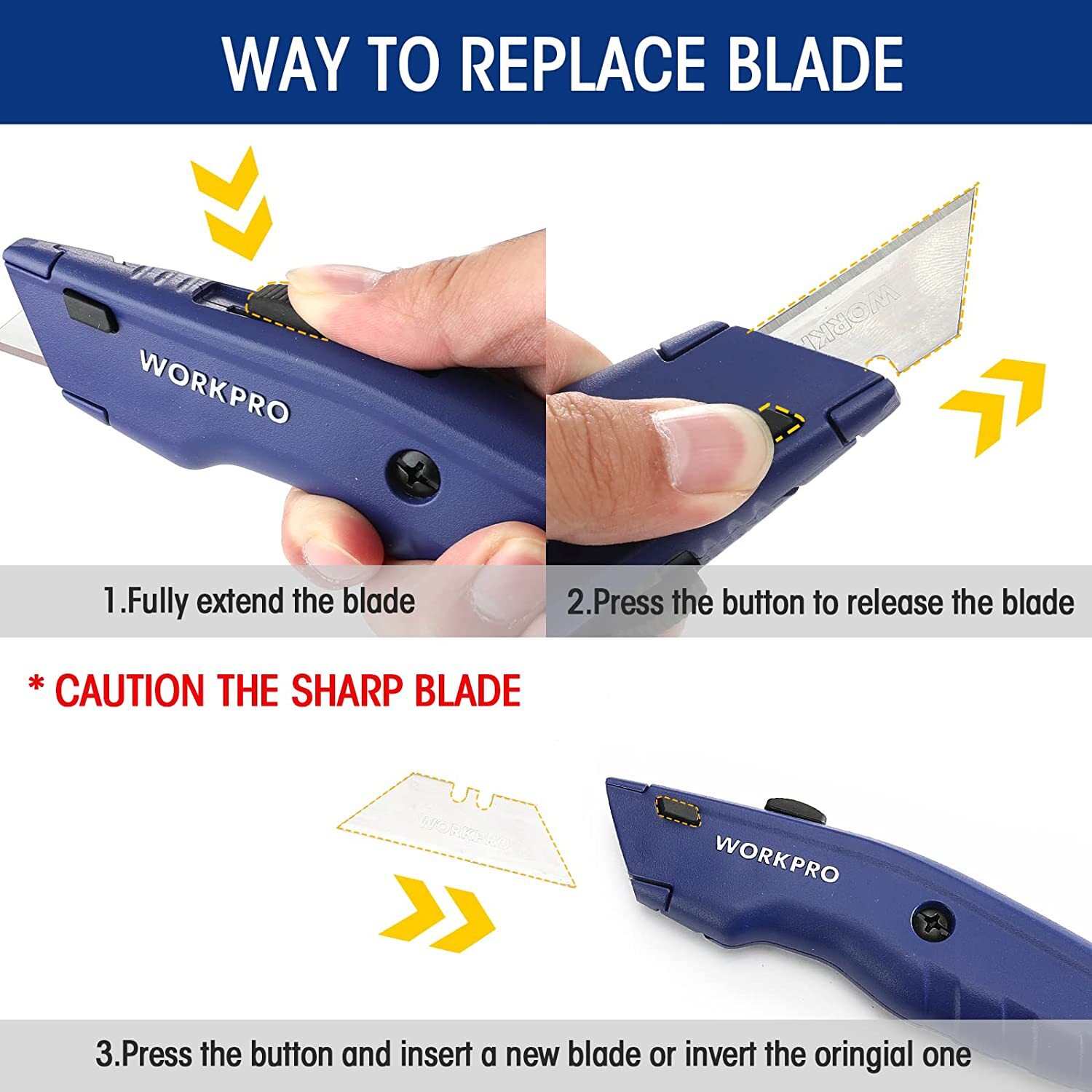 WORKPRO Premium Utility Knife w/10 Extra Blade Quick Change Blade Black/Blue/Red