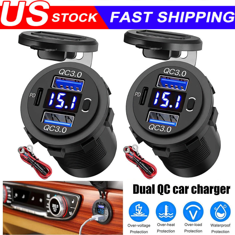 2x 12V-24V PD+QC3.0 Dual USB Car Fast Charger Power Socket Outlet LED Voltmeter