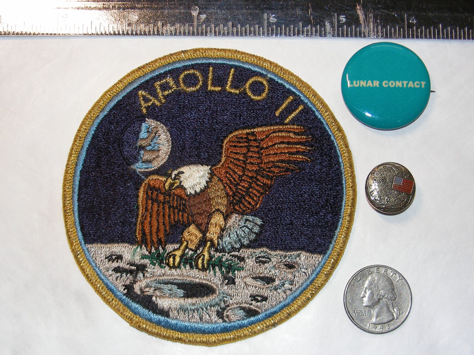 Vintage Grumman Lunar Contact Pin Back Button, Apollo 11 Patch, & Tie Tac NASA