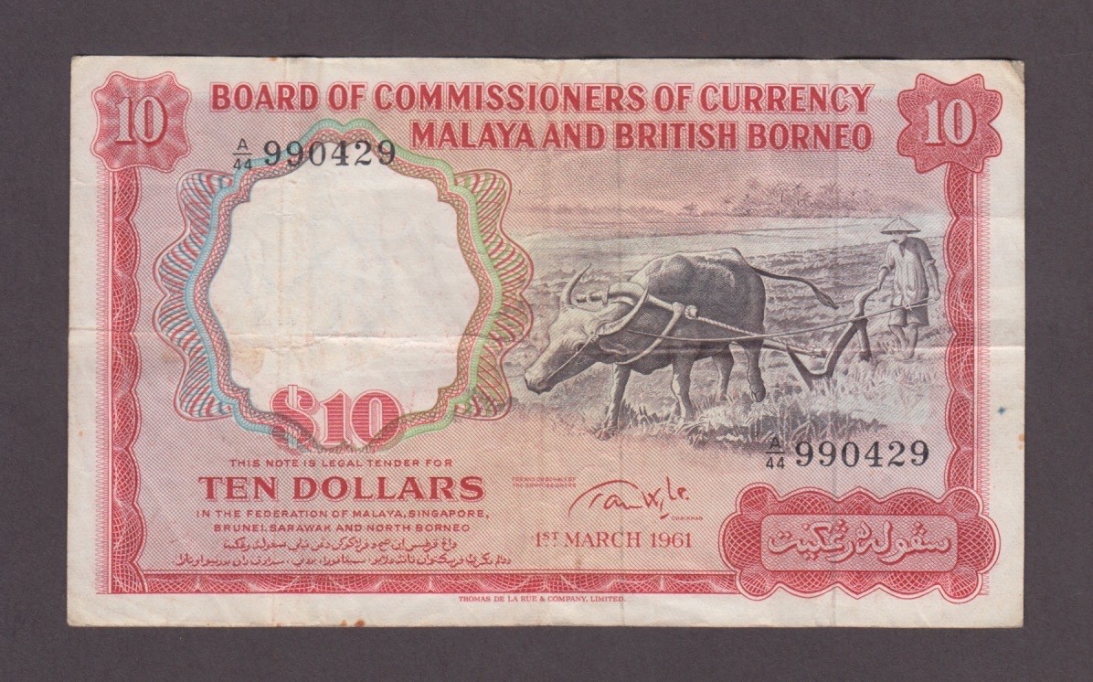 MALAYA & BRITISH BORNEO P.9a-0429  10 DOLLARS 1.3.1961 PFX A/44  F-VF   2601