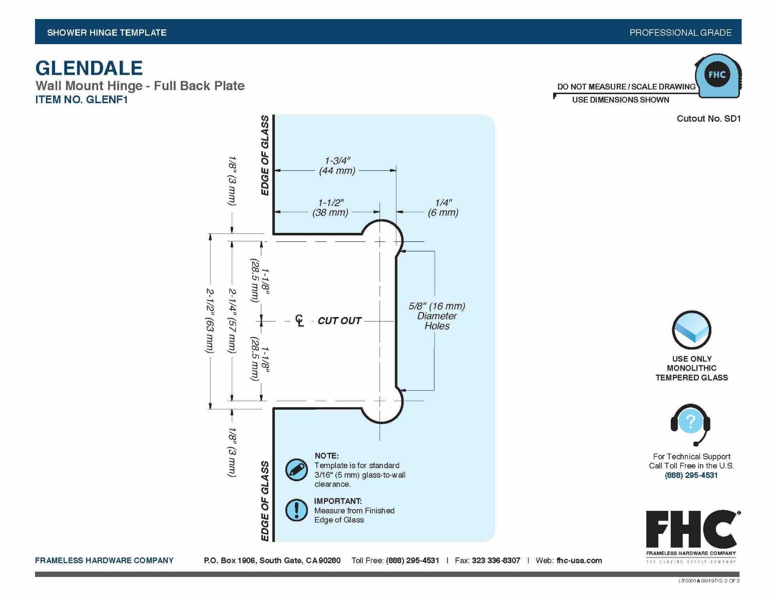 FHC GLENF1MB Glendale Series Wall Mount Hinge - Full Back Plate - Matte Black