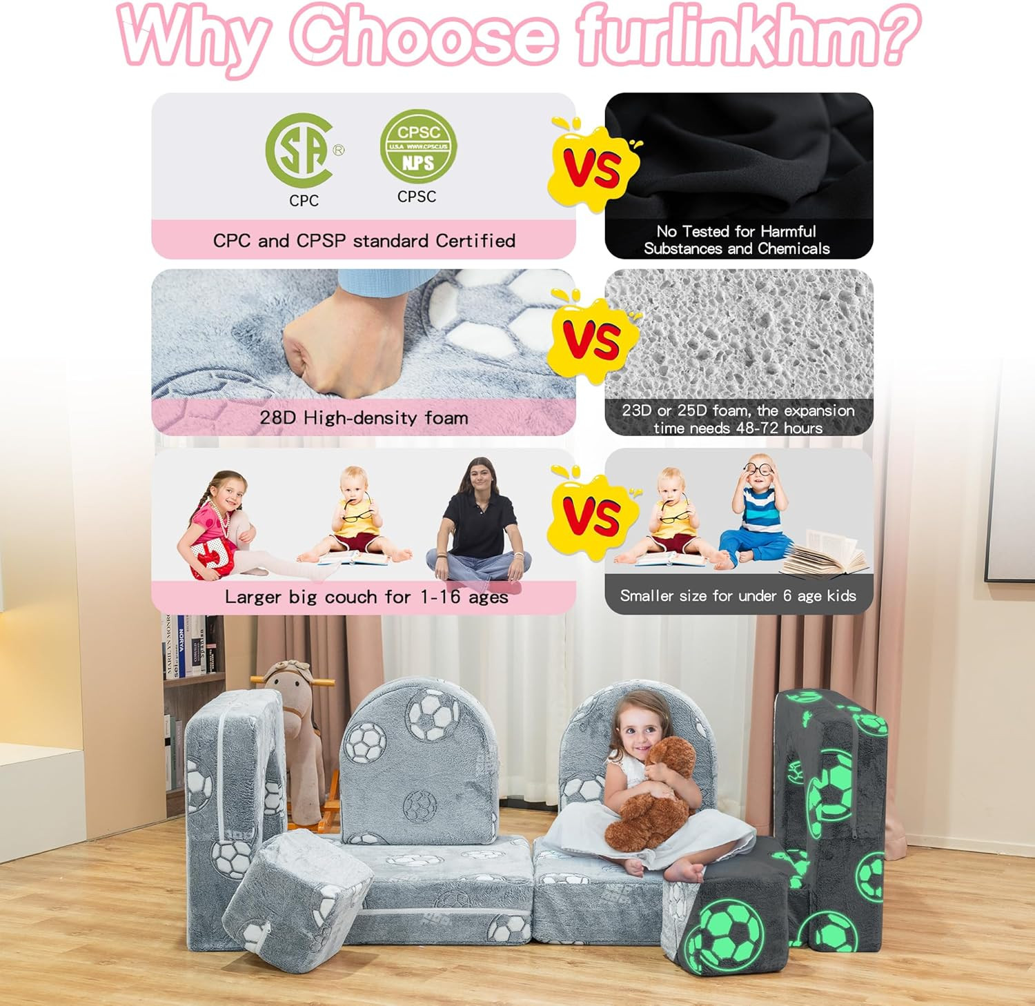 Glow-in-the-Dark Modular Kids Play Couch - Instant Expansion, Grey