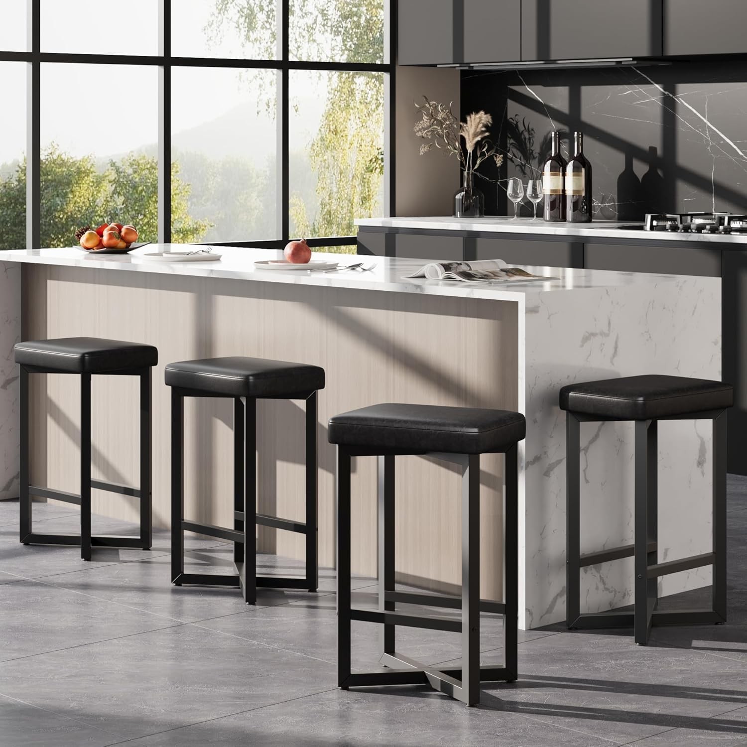 Modern 24.6" Bar Stools Set of 4, PU Leather Backless with X-Frame & Footrest