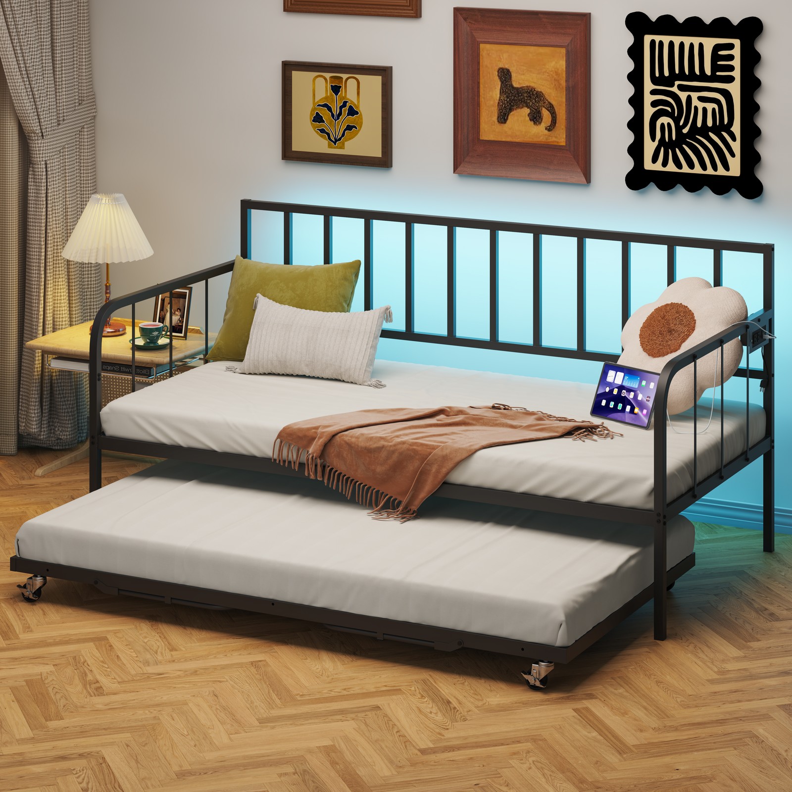 Twin Daybed with Trundle, Metal Trundle Bed, Sofa Bed Frame with Heavy Duty Meta