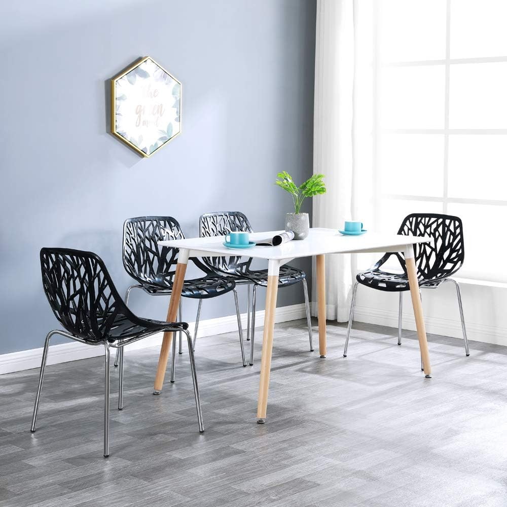 Modern Stackable Dining Chair Set of 4, Black, Plastic Birch Sapling Chairs for