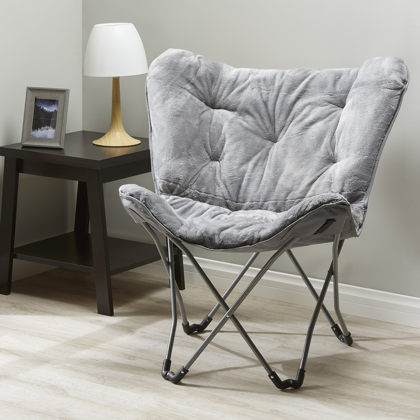 Folding Faux Fur Butterfly Chair Portable Steel Frame Home Living Room Sofa Gray