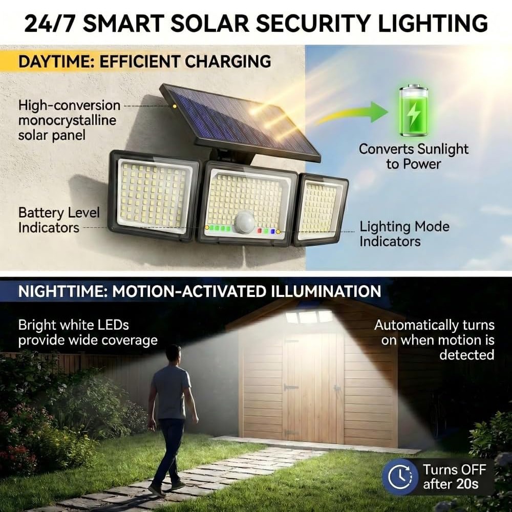 2 Pack Solar Security Light Outdoor 3 head 6500K 3000LM LED Motion Sensor IP65