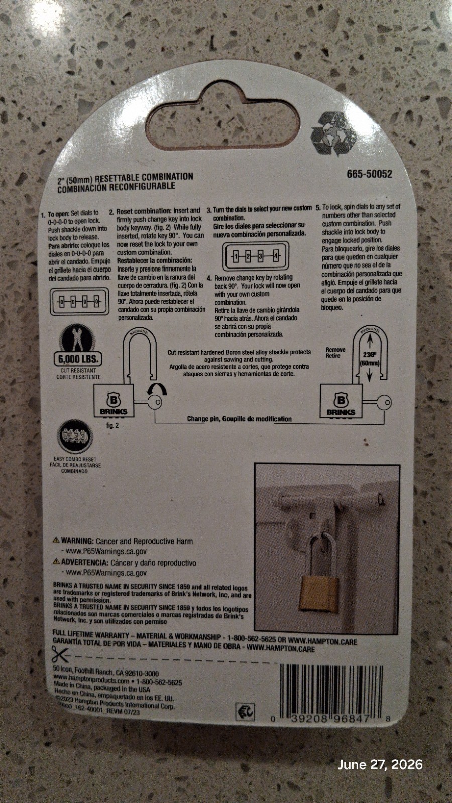 Brinks 665-50052 Combination Lock Resettable 50mm 2" Solid Brass