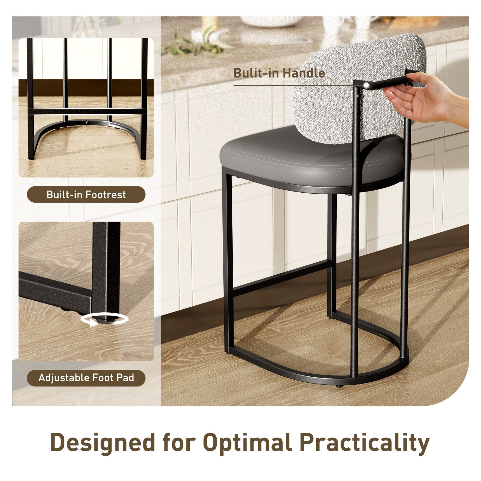 24'' Bar Stools Counter Height Barstools with Back Bar Chairs for Kitchen Gray