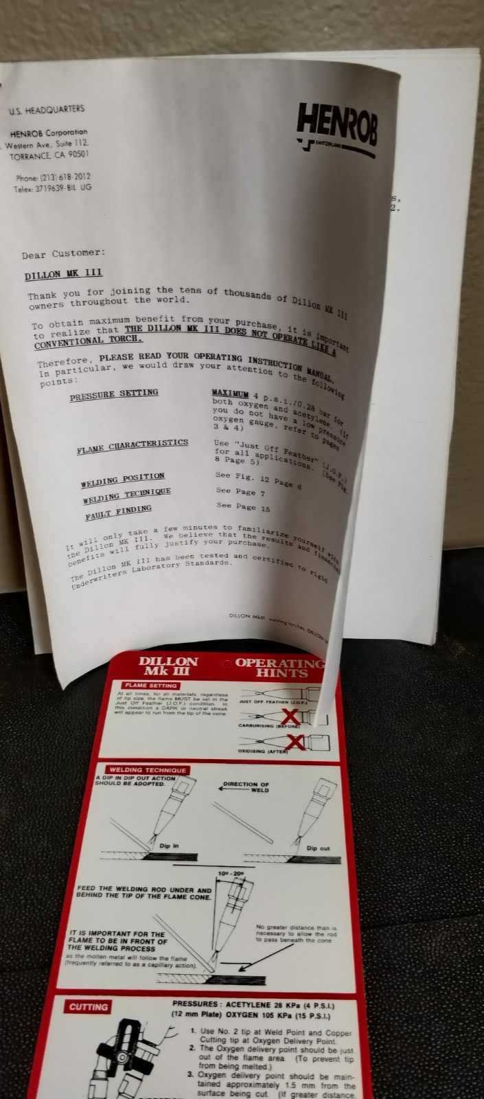 ORIGINAL INSTRUCTIONS ~ Dillon MK III Oxygen Acetylene  torch.