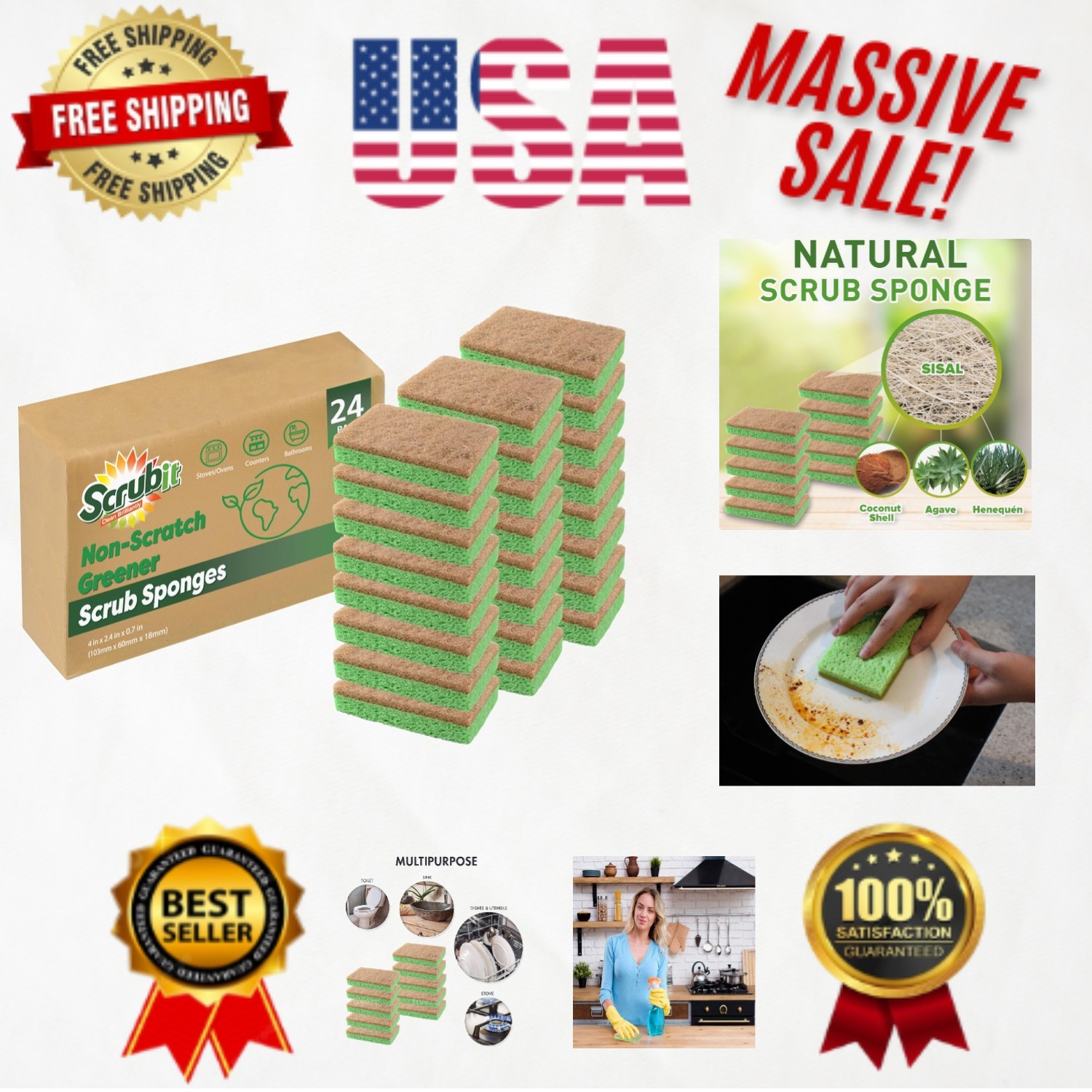Biodegradable Coconut & Cellulose Sponges - 24 Pack Eco-Conscious Cleaning