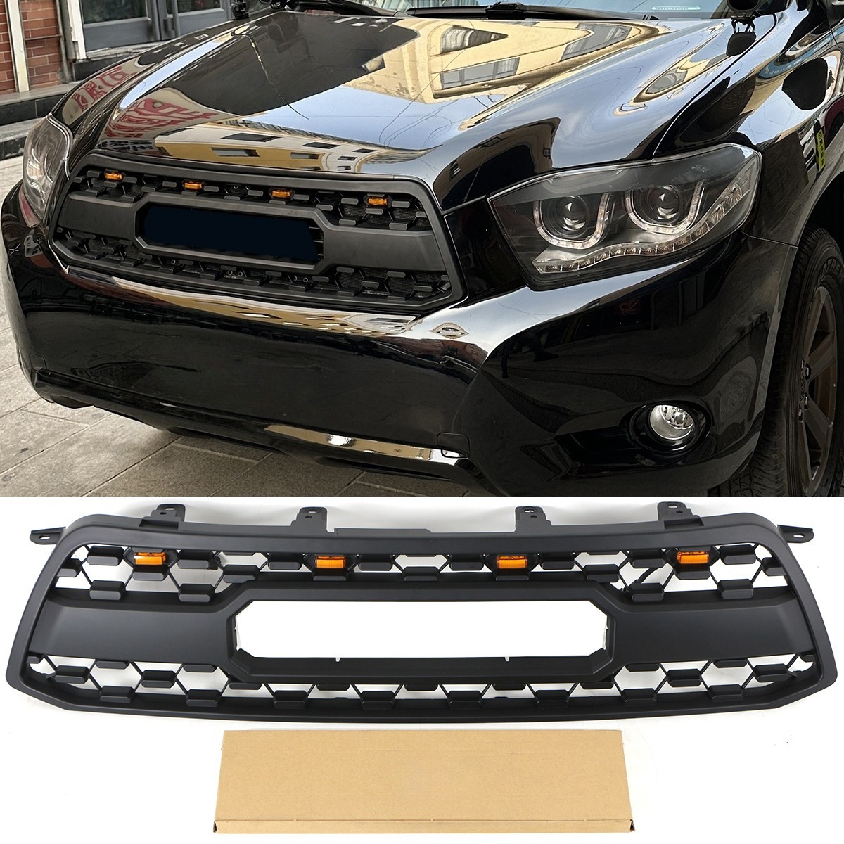 Front Grille Fits For 2008 - 2010 Toyota Highlander Matte Black Grille W/Lights