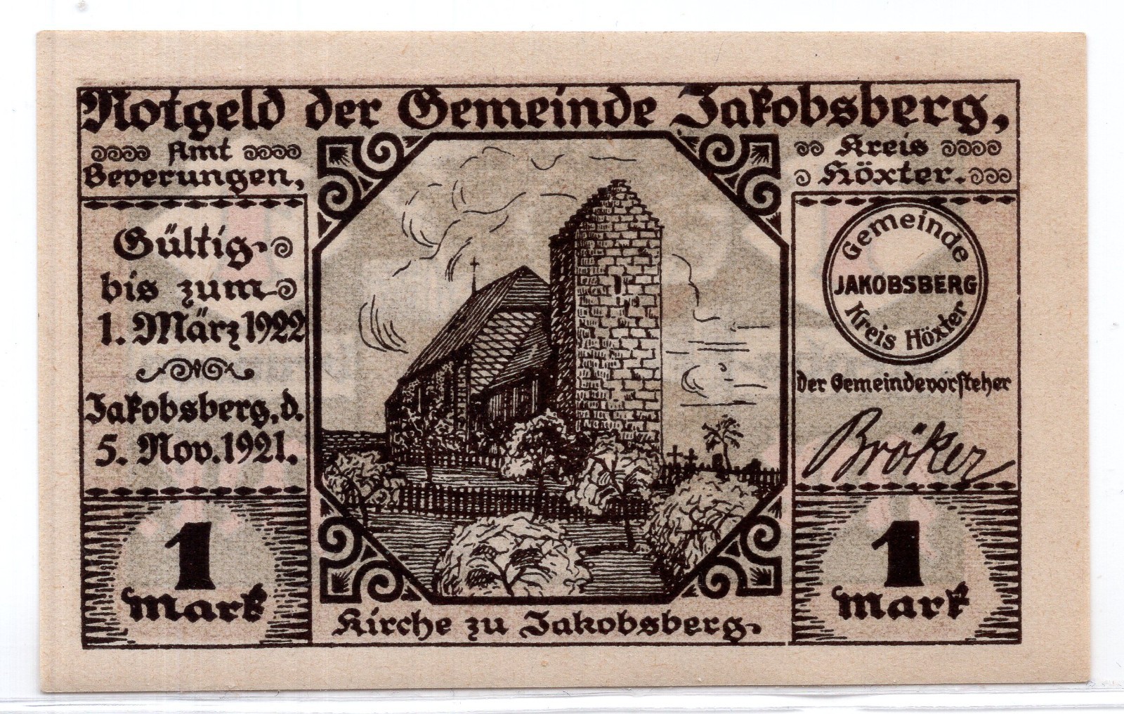 1921 Germany Jakobsberg Notgeld 1 Mark Note (3803)
