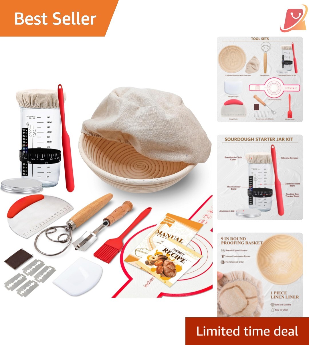 Sourdough Starter Kit Rattan Bread Proofing Basket with Glass Jar Baking Supp...