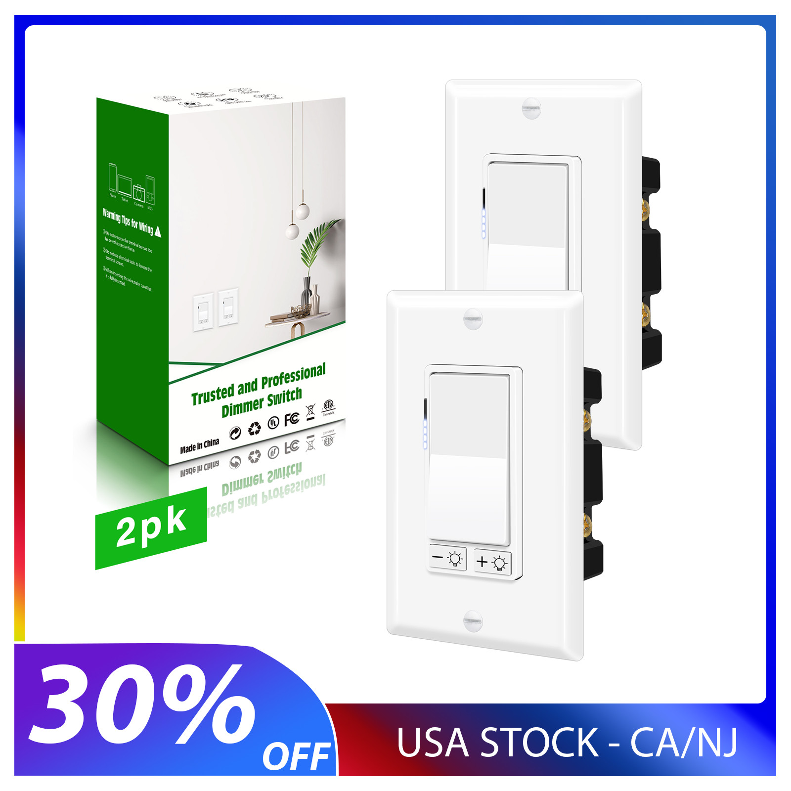 2× Professional Dimmer Switch Flicker-Free 7Level Smooth Dimming No Neutral Wire