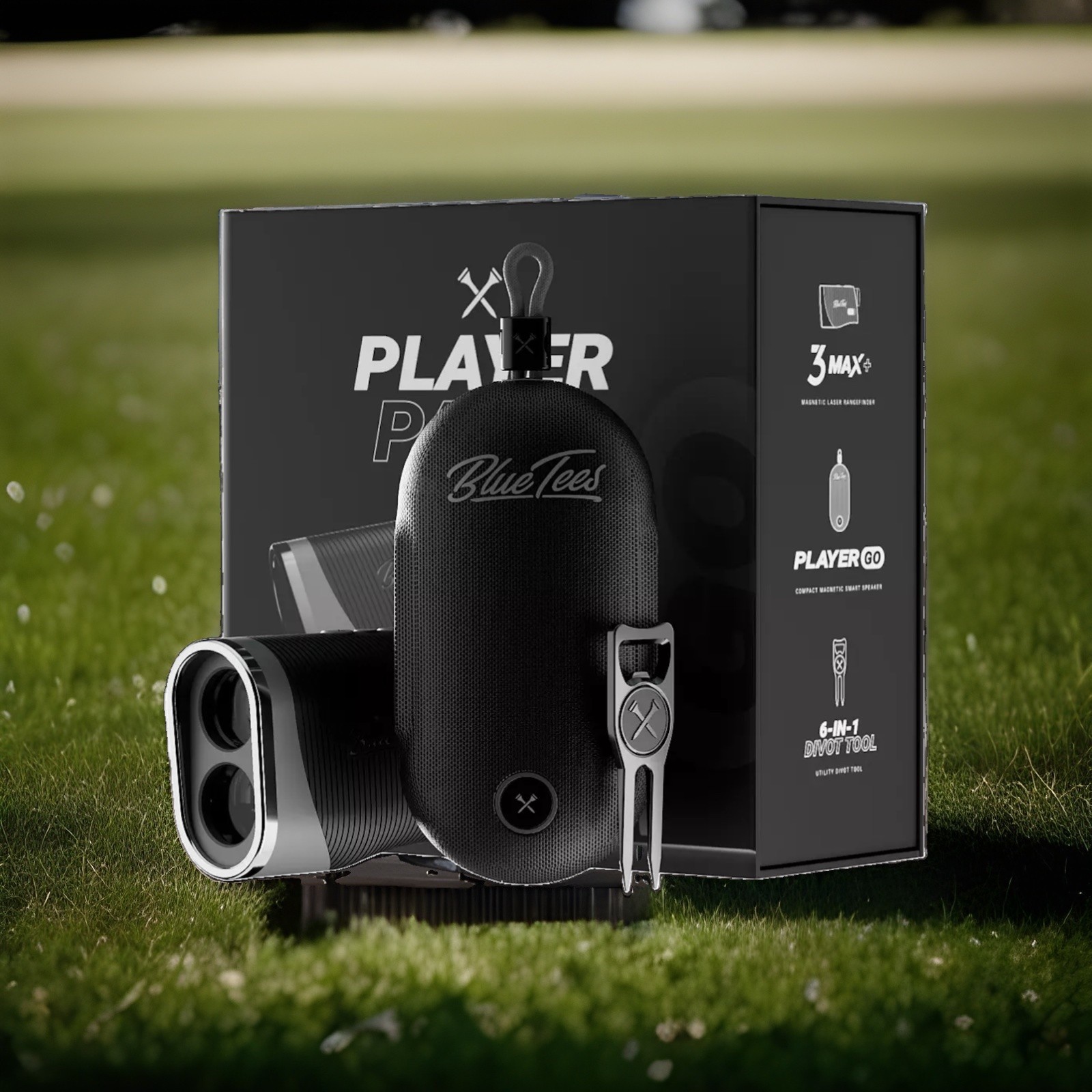 Blue Tees Golf 3 Max+ Magnetic Rangefinder Set w/ Speaker & Divot Tool Black