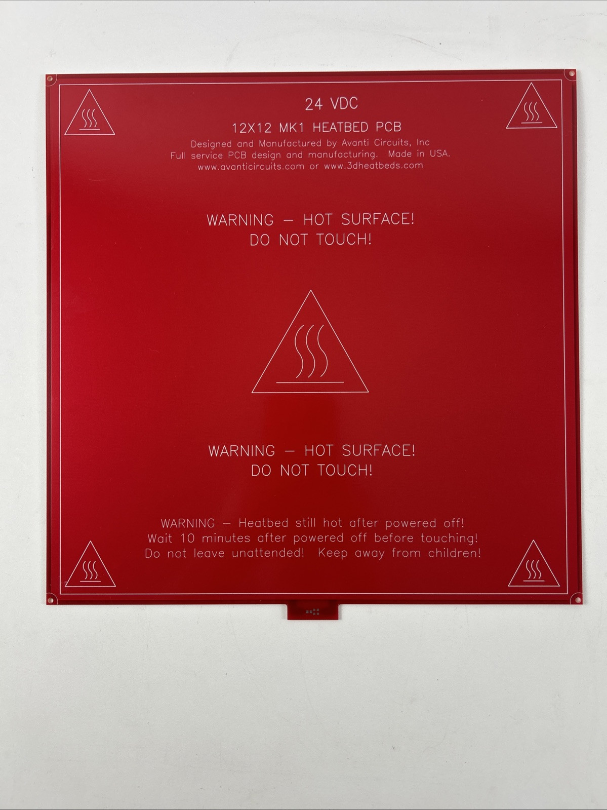 RepRap 24 VDC Heatbed 12” X 12” MK1 24 Volt With Tab for 3D Printer Made in USA