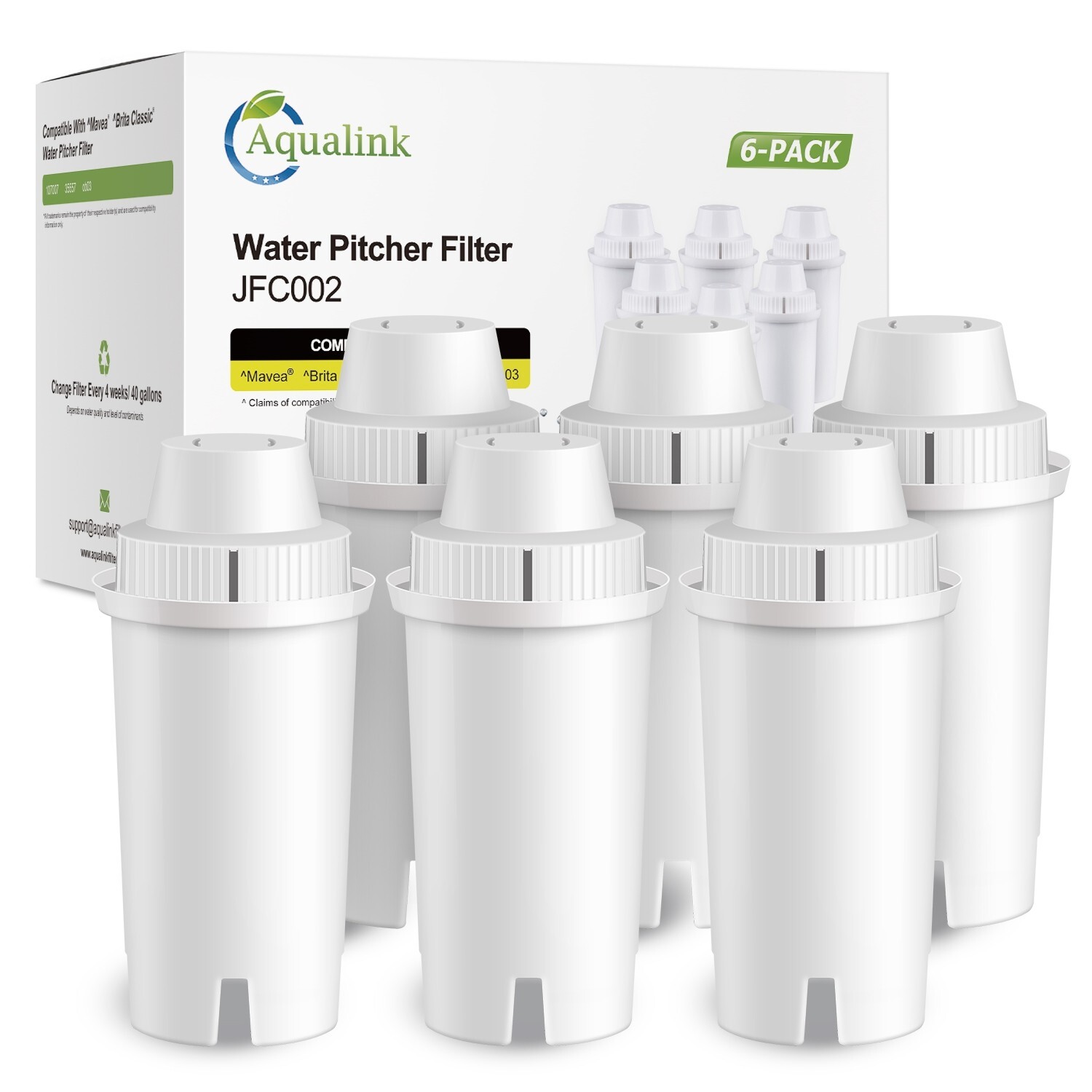 AQUALINK Replacement Water Filters for Brita Pitcher 6 Pack White Sealed