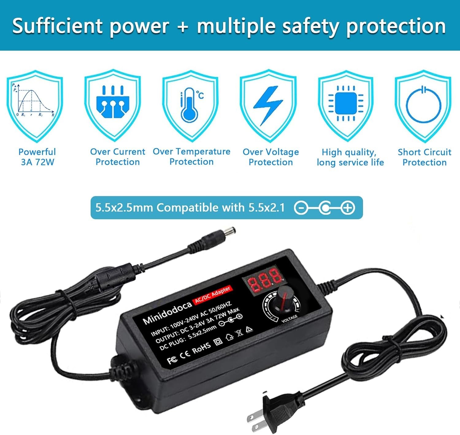 72W Power Supply Adjustable 3V ~ 24V Variable Universal Switching AC/DC Adapter