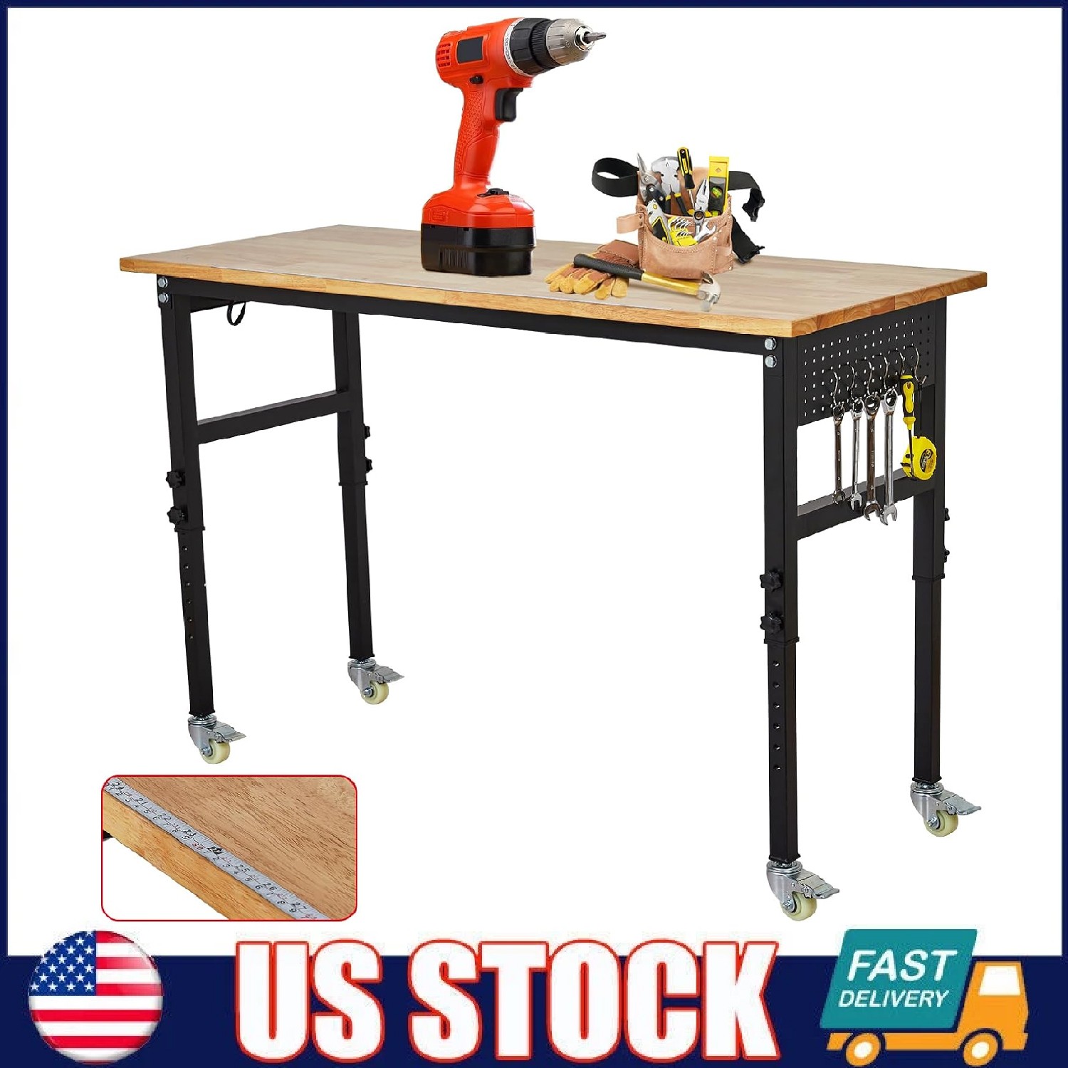 60" Adjustable Workbench with Wheels & Power Outlets ,Heavy Duty Wood Work Table