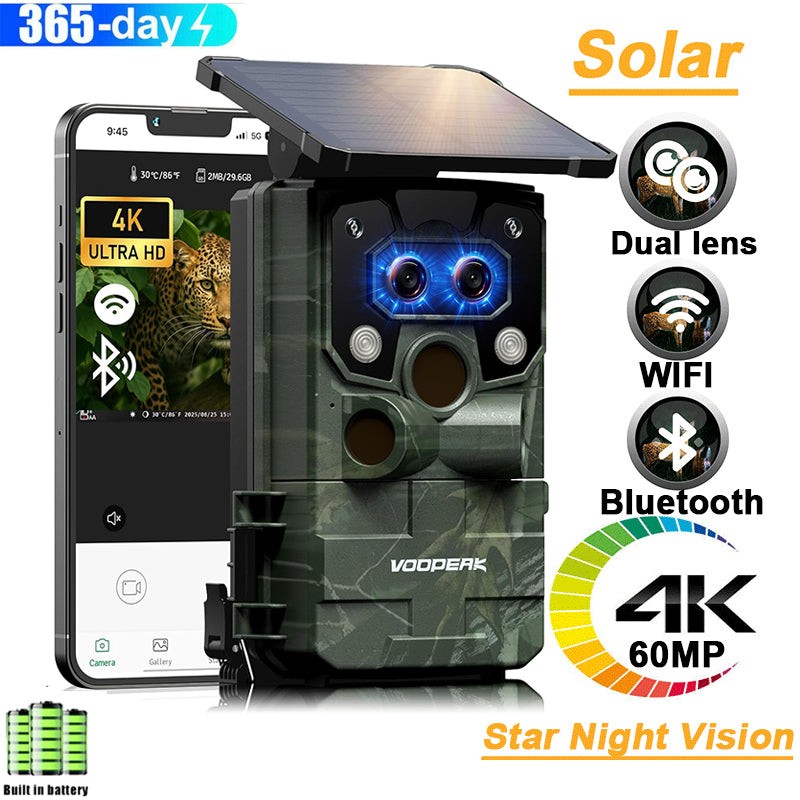 4K 60MP WiFi Wildlife Trail Camera Solar Power Dual lens Starlight Night Vision