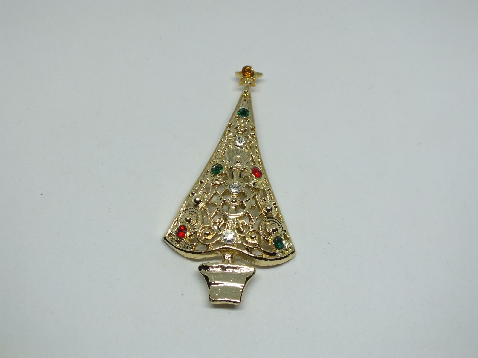 Christmas Holiday Brooch Pin Gold Tone Tree Multi Rhinestones 3x1 1/2" NICE