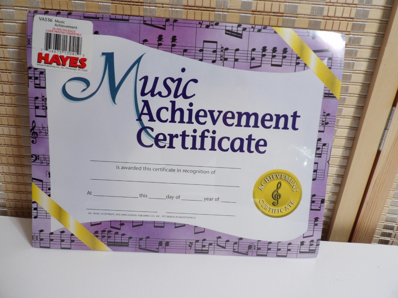 Hayes Music Achievement Certificate 8.5" x 11" Pack of 30 (VA536)