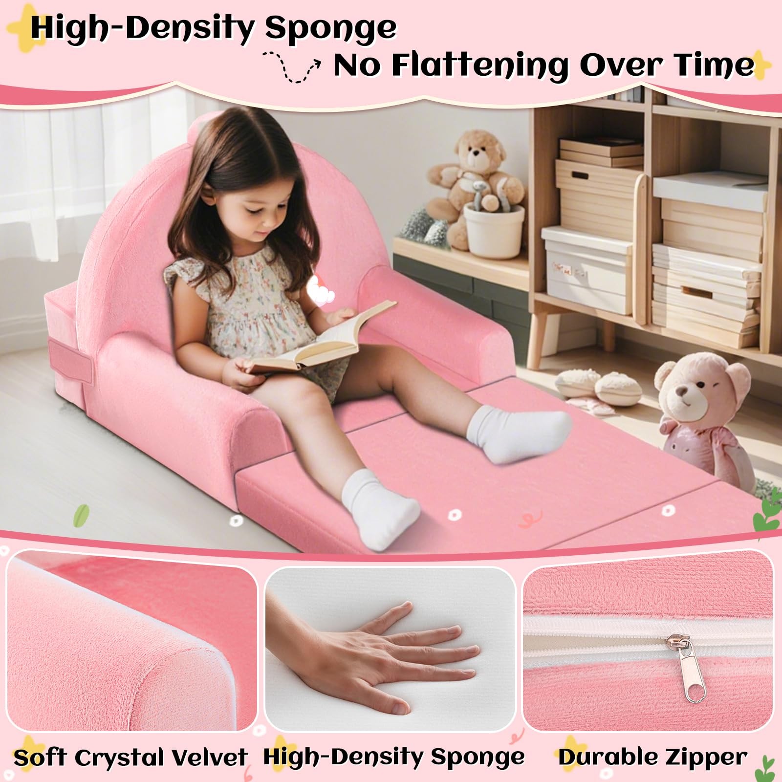 Unicorn Kids Sofa Bed with Removable Washable Cover & ​​Hook and Loop​​ Backr...