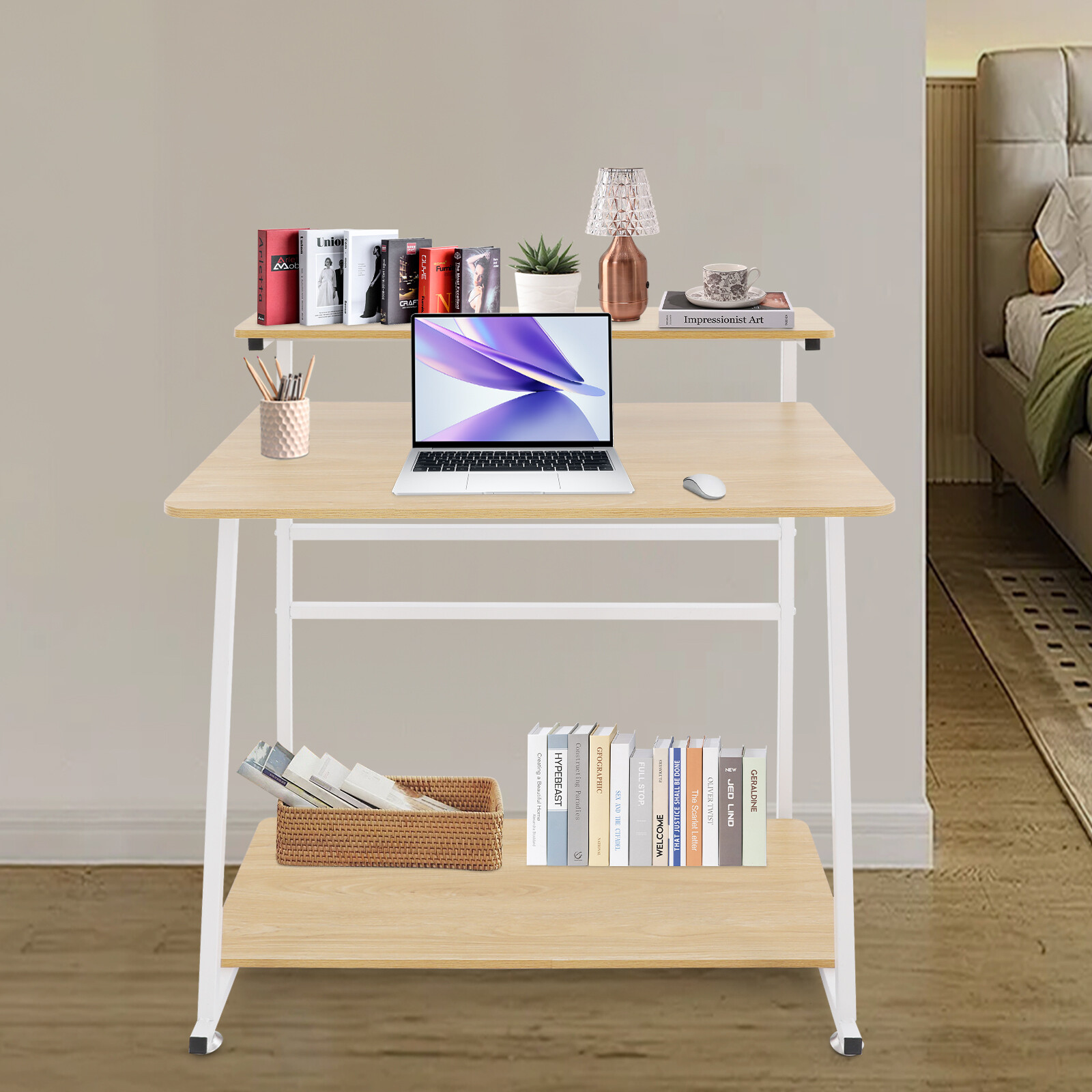 3-tier Computer Desk, Home Office Desk, Rolling Computer Desk, White, Log Color
