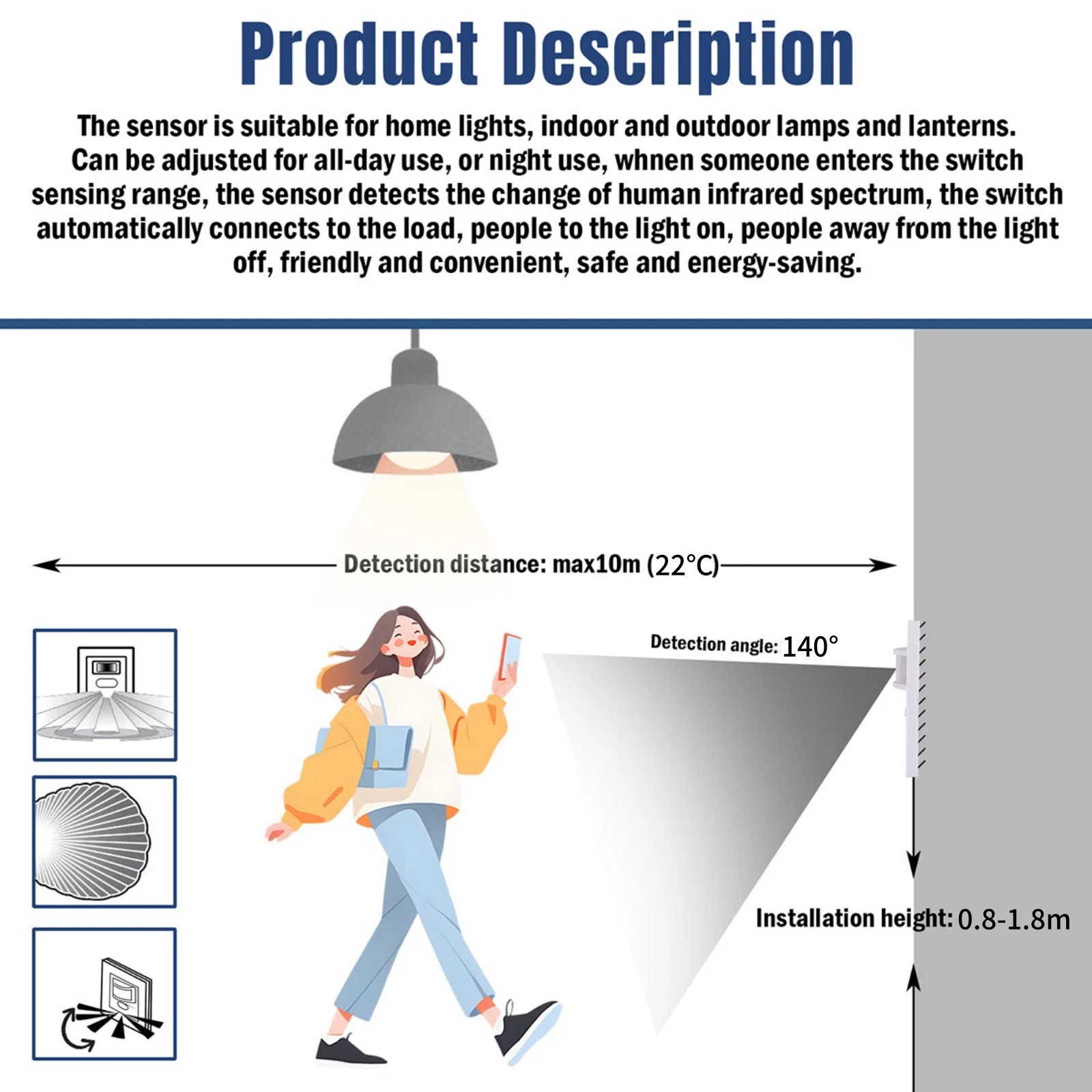 White PIR Motion Sensor Wall Switch AC100-240V for Downlights & Ceiling Lights