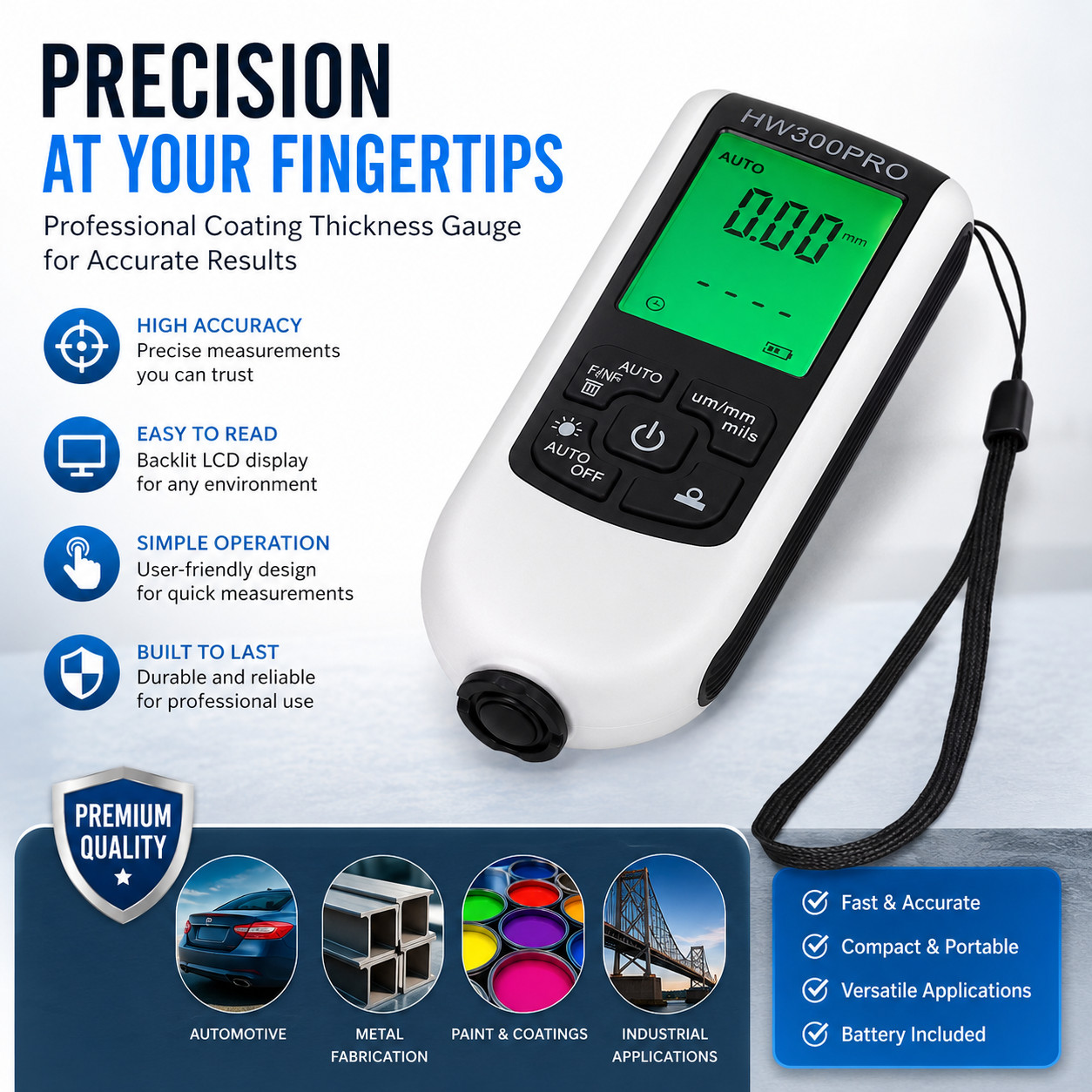 HW300PRO Paint Thickness Gauge for Cars Digital Coating Meter Tool Fast Accurate