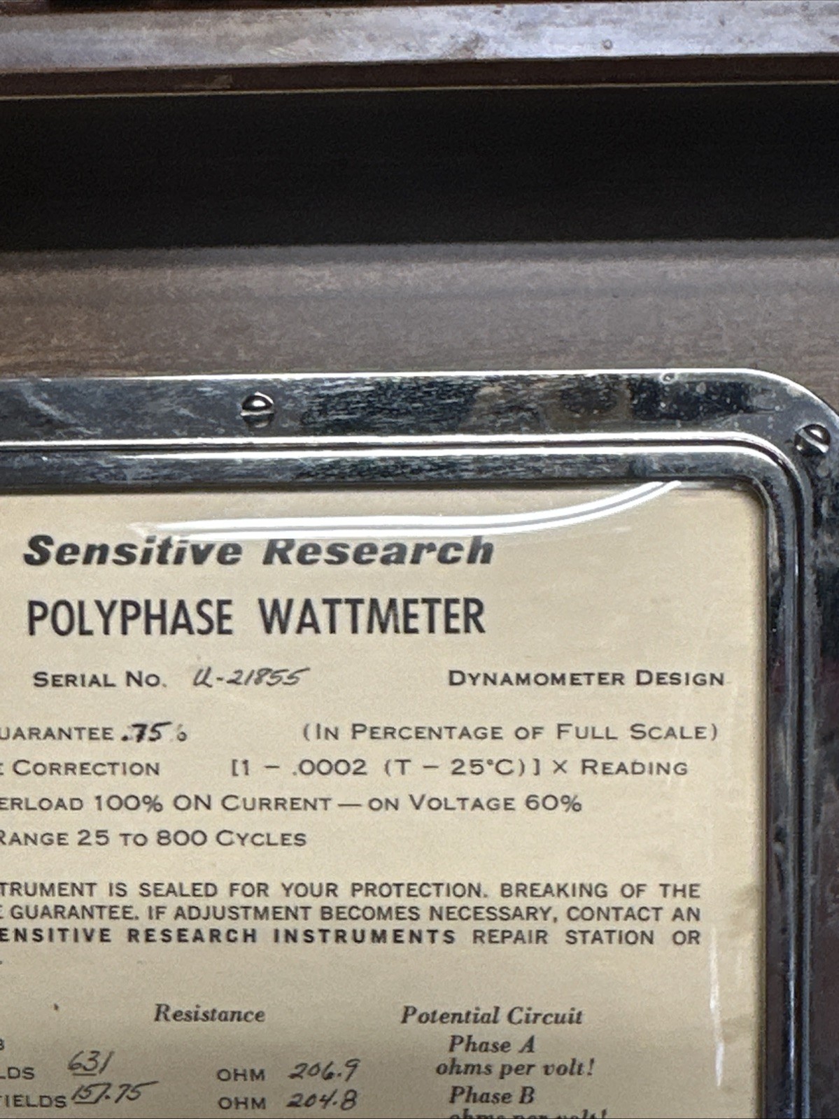 VINTAGE SENSITIVE RESEARCH SINGLE PHASE WATTMETER PDLW Nice !!