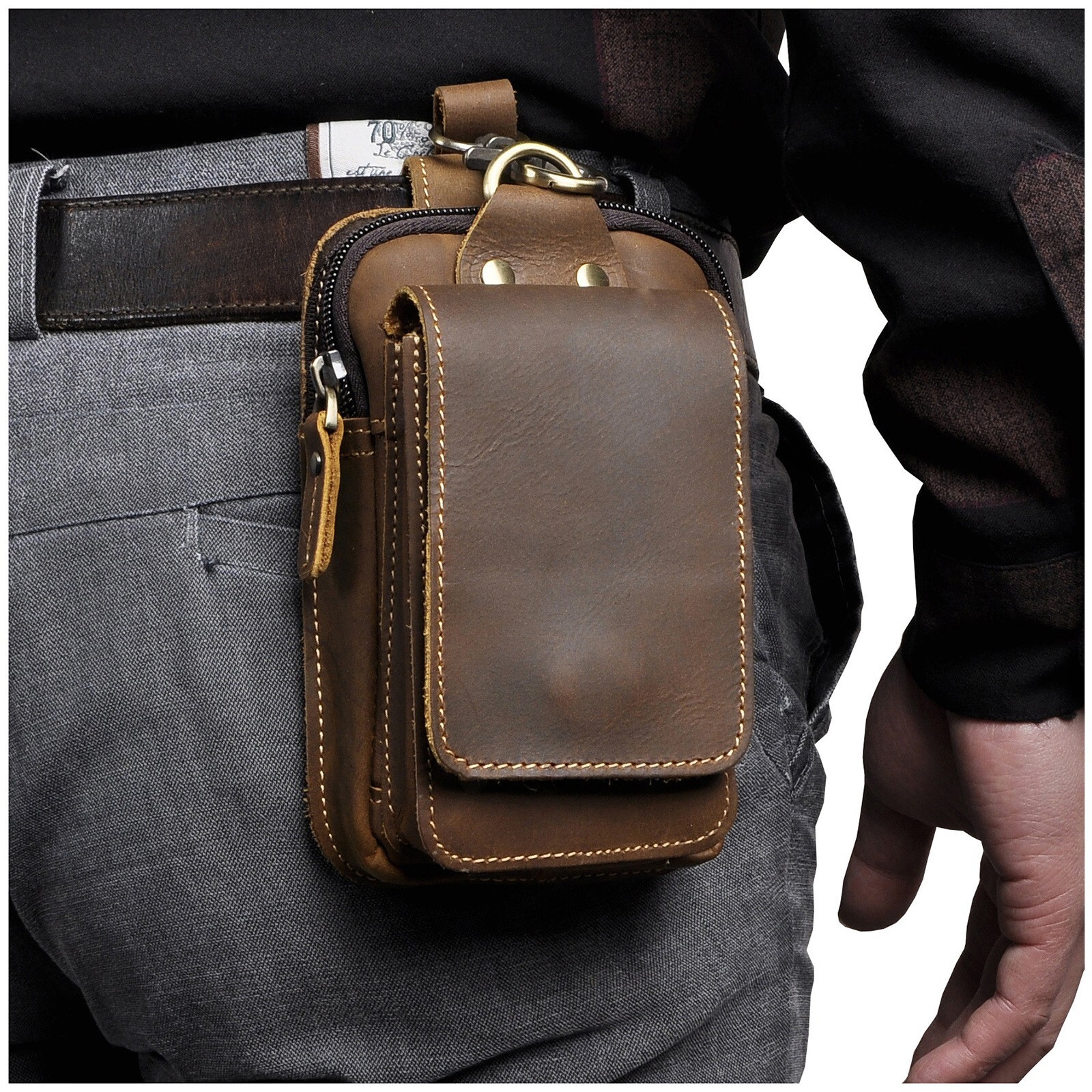 Luxury Thick Crazy Horse Leather men Vintage Travel Belt Fanny Waist Bag Pack