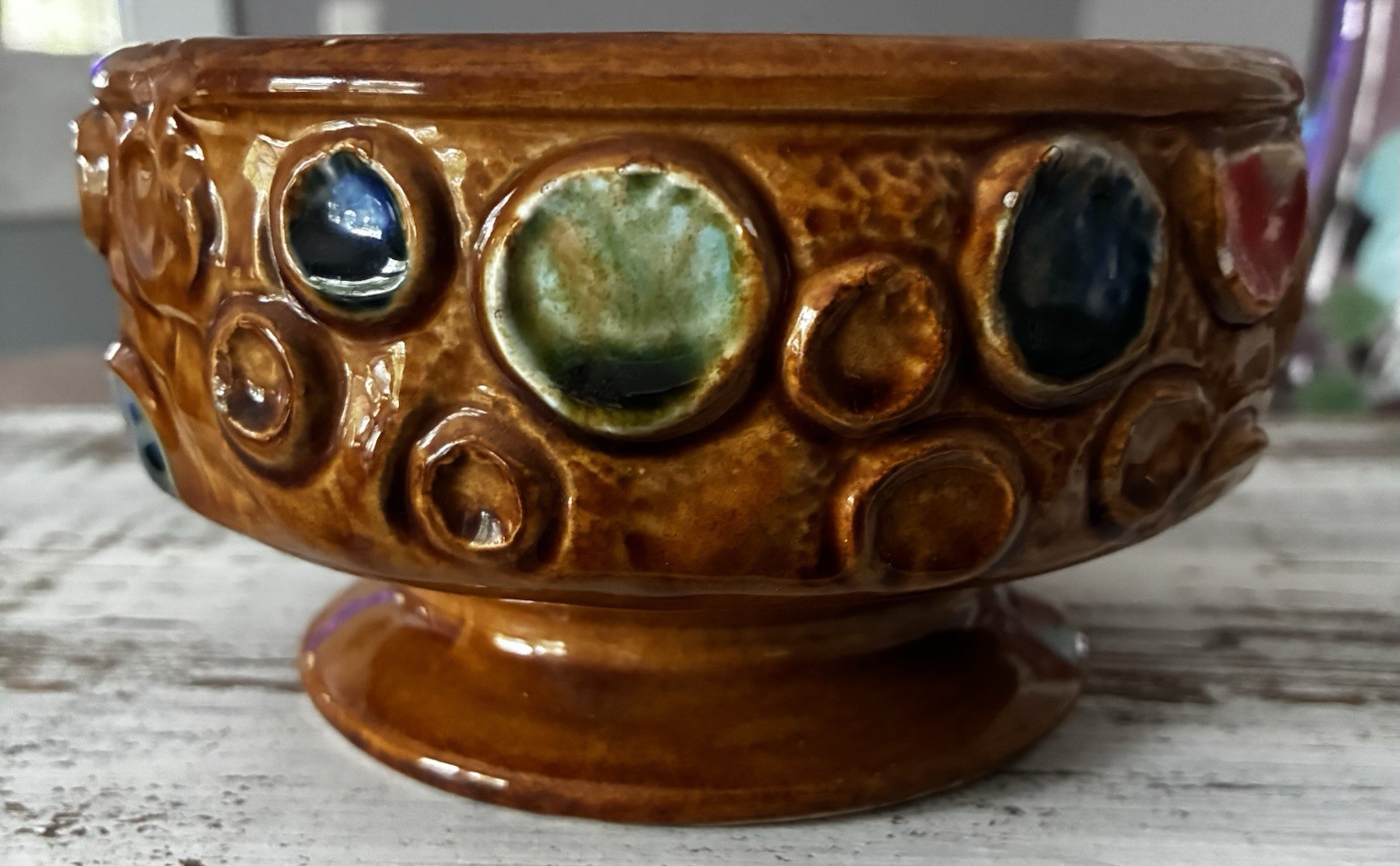 Vintage Napcoware ceramic pedestal planter bowl with textured circles.